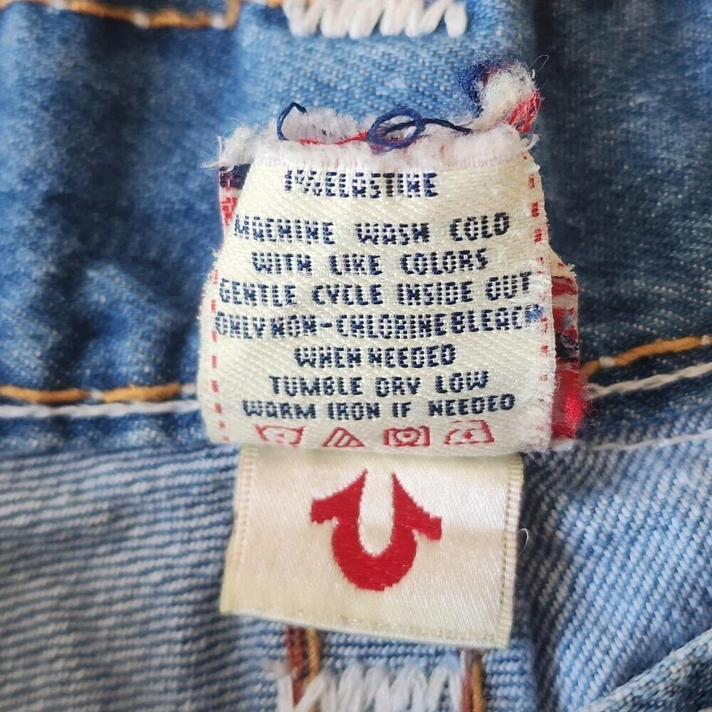 True Religion Shorts Mens 38 Blue Denim Ricky Bermuda Distressed Embroidered USA